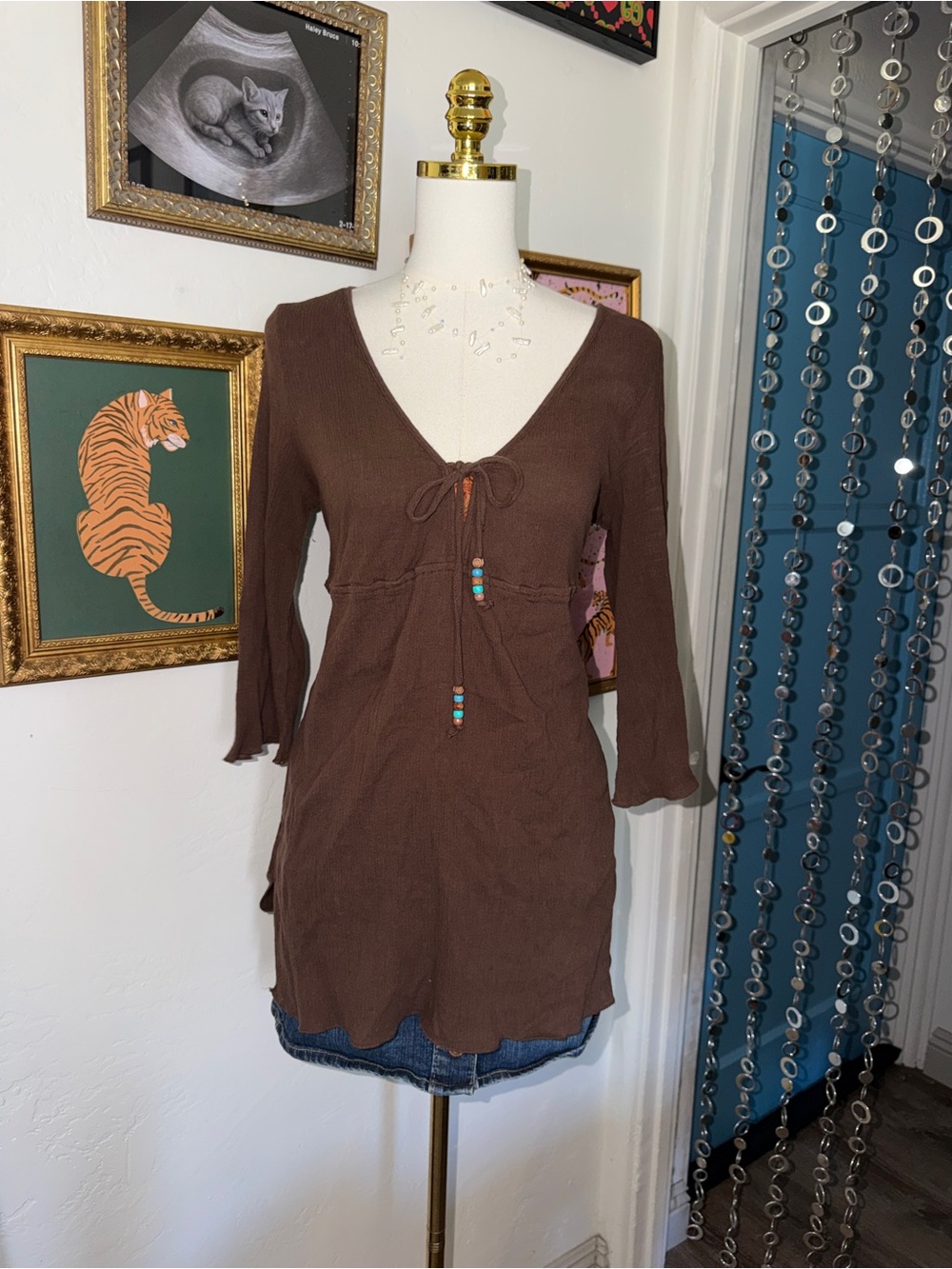 Vintage Y2K Brown V-Neck Knit Tunic with Bead Ties